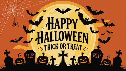 Halloween graveyard illustration with full moon, bats, jack-o'-lanterns, gravestones, spider web, and bold festive typography on orange background