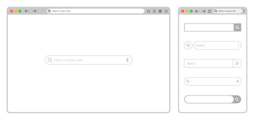 Browser window website mockup PNG with PC laptop tablet mobile frames, light white mode UI, search bar box, vector web design on transparent background.