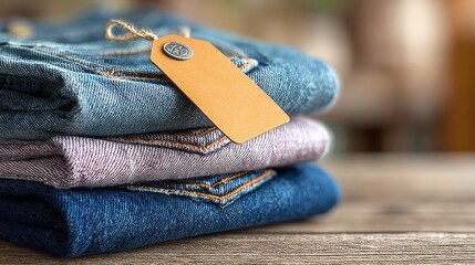 Casual Jeans Collection in a Neat Pile, Stylish Denim Stack on Rustic Wooden Table with Label