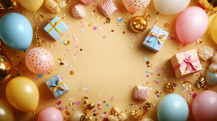 birthday background featuring colorful balloons, confetti, and gift boxes with central blank area for text placement. Cheerful, gender-neutral color palette.. Perfect for birthday invitations, digital