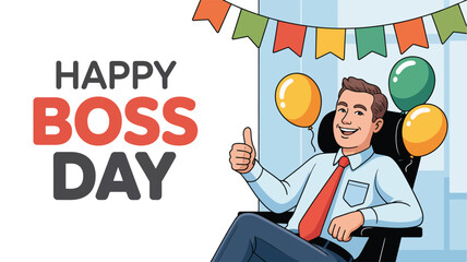 Boss’s Day celebration illustration with cheerful man giving thumbs-up, balloons, festive flags, and bold typography on office background