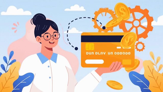 Woman holding a credit card representing a cashback and payment system.