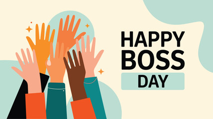 Boss’s Day appreciation illustration with diverse raised hands, pastel abstract background, sparkles, and bold celebratory typography