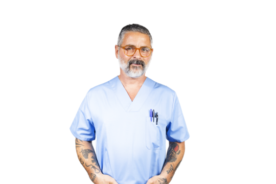 Confident male doctor posing with hands in pockets on transparent background