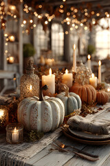 Thanksgiving table setting with decorative pumpkins,candles and string lights n white wooden table