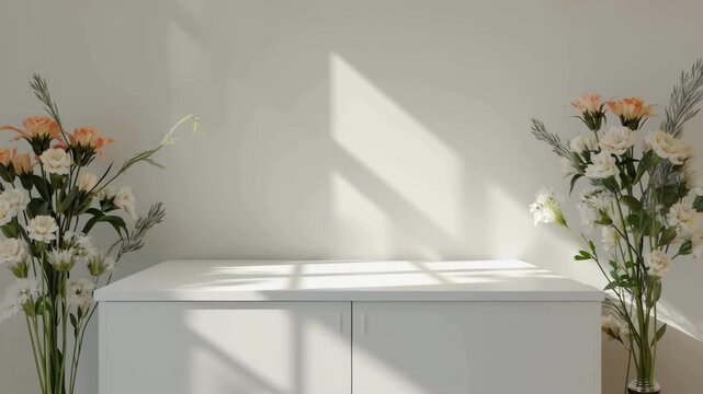 White cabinet with diagonal light and side florals
