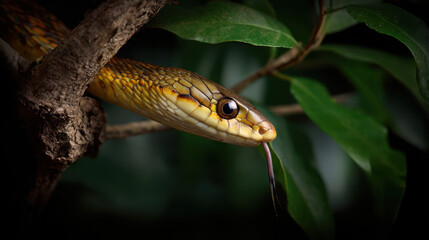 Colorful snake resting on a branch among green leaves in a natural habitat during daylight hours