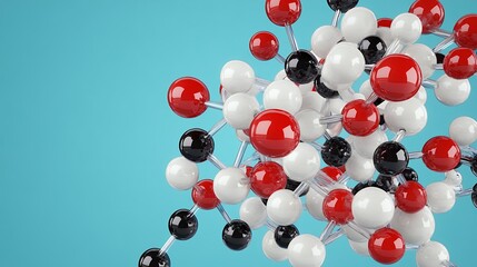 Abstract Molecular Structure with Red White and Black Spheres on Blue Background