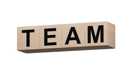 The hand puts a wooden cubes with the letter T from the word Team. The word is written on wooden cubes.close up of wooden cubes.Supports PNG files with transparent backgrounds.