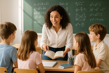 Smiling teacher engaging with students in classroom during interactive reading lesson
