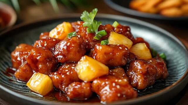 Savor mouthwatering flavors as succulent chicken pieces are coated in a rich sweet and sour sauce, paired with juicy pineapple chunks and garnished for a vibrant touch.