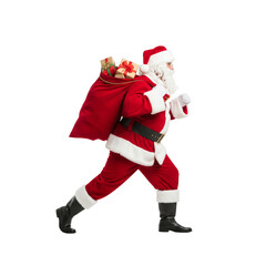 Santa claus running with gift sack, caucasian male, mature christmas scene isolated on transparent background