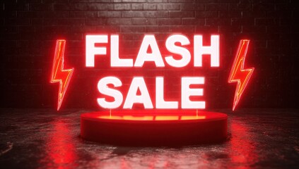 Vibrant photo of red podium with lightning bolts and the words " FLASH SALE" in glowing white letters on it.