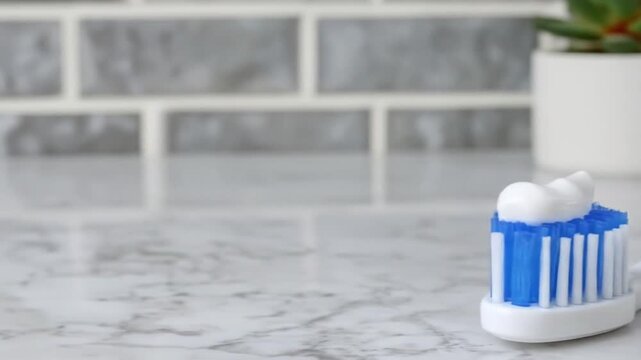 Toothbrush with toothpaste with hygiene concept on marble countertop.