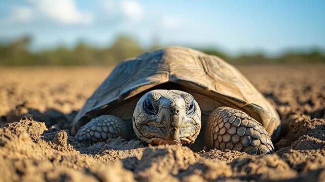 A desert tortoise emerges from its burrow, navigating the warm sandy ground. The enchanting glow of sunset highlights its textured shell against the backdrop of an expansive blue sky.