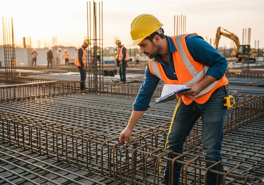 Civil engineer conducting a quality control inspection of a steel rebar foundation at a construction site during sunset