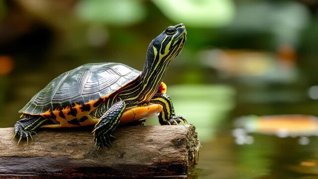 A vibrant turtle with striking patterns basks on a wooden log beside a calm pond. Sunlight filters through the trees, creating a peaceful atmosphere as the turtle enjoys its surroundings.