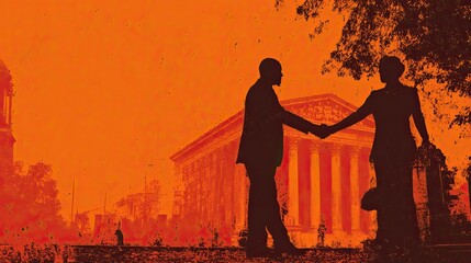 Confident professionals forging a partnership with a handshake in front of classic architecture, conveying trust and collaboration in business.