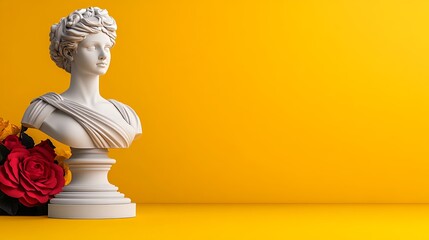 White Marble Bust with Red and Yellow Roses on Yellow Background