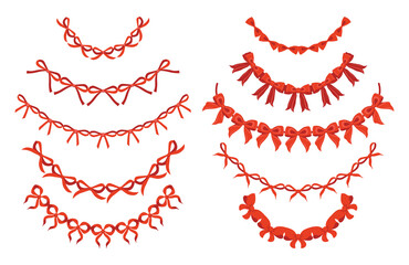 Red ribbon bow party garland. Bowknot for decoration, big set of color bowtie. Large retro hand drawn ribbon illustration set. Set of various cartoon bow knot, gentle gift ribbon decoration. Christmas
