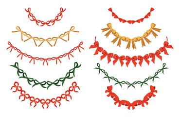Red ribbon bow party garland. Bowknot for decoration, big set of color bowtie. Large retro hand drawn ribbon illustration set. Set of various cartoon bow knot, gentle gift ribbon decoration. Christmas