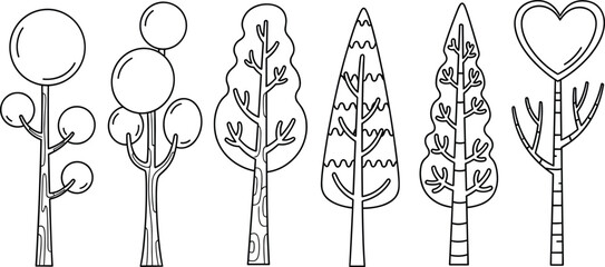 Hand-drawn tree illustrations set with six unique tree designs including round, heart-shaped, and pine tree styles, black and white vector art.