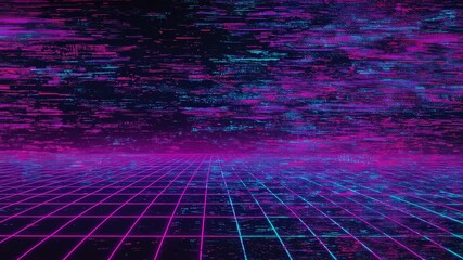 Retro futuristic digital grid with glitch effect in neon colors - Powered by Adobe