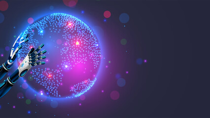 Planet Earth is in the hands of Artificial Intelligence or AI. A robot or cyborg holds the Earth in his hands. HUD interface of a virtual globe in cyberspace. AGI or AI conceptual illustration.
