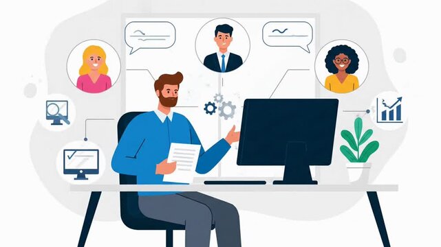 A project manager leading a remote team in a virtual meeting.