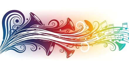 Fototapeta premium Rainbow Hues Musical Trumpet Swirls and Notes Design