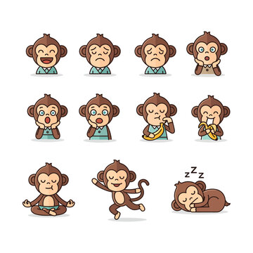 A set of twelve Cute cartoon monkey avatars with various expressions for social media or app design