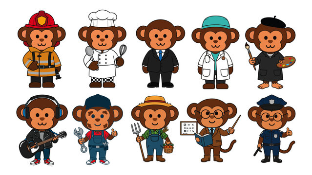 Cute cartoon monkeys in various professions, including firefighter, chef, doctor, artist, musician, mechanic, farmer, teacher, businessman, and police officer.