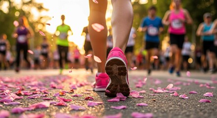 young woman walking in the park, A close-up of a runner's foot stepping onto a vibrant path decorated with pink petals in a sunny outdoor setting. Breast Cancer, Breast Cancer Awareness