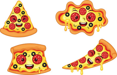 Funny cartoon pizza slices with faces, melted cheese, pepperoni, olives, and happy expressions, perfect for food humor vector illustrations.