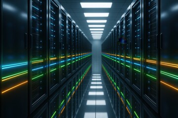 Obraz premium Server racks with glowing fiber optic cables in modern data center hall