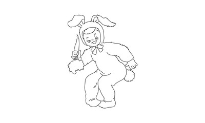 Child in Bunny Costume Holding a Carrot – Cute Whimsical Line Drawing Illustration
