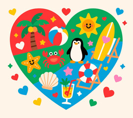 Fototapeta premium Beach Paradise Heart: Tropical Vibes, Penguins, and Summer Fun