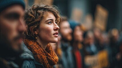 Determined young woman with freckles and curly hair observes an event, her gaze fixed on something important in the distance, inspiring resilience and focus.