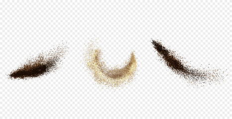 Flying coffee or chocolate powder, dust particles in motion, ground splash isolated on light background. Vector illustration.