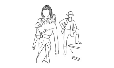 Fashion Line Drawing of Two Stylish Figures – Minimalist Clothing Design Illustration