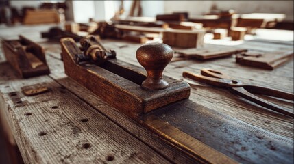 Aged woodworking tools on a weathered workbench.