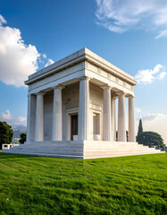 Obraz premium A majestic marble temple with intricate columns stands in a verdant field under a clear sky