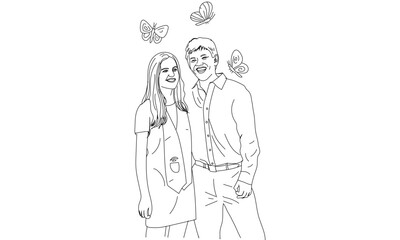 Minimalist Line Drawing of Happy Couple with Butterflies in Romantic Scene