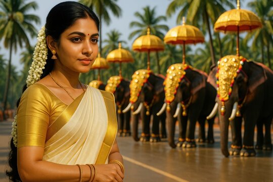 Kerala woman in saree standing near decorated elephant procession with golden parasols