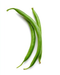 Three fresh green beans arranged against white background
