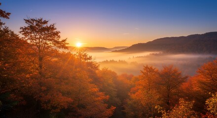 Fototapeta premium Warm Autumn Sunrise over Foggy Valley and Vibrant Fall Trees