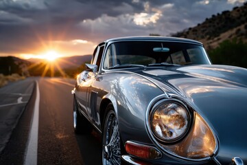 Classic Silver Car at Sunset on a Mountain Road