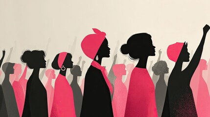 United women in silhouette, raising fists in solidarity and empowerment, symbolizing strength and collective action for social change and advocacy.