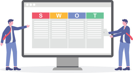 Vector illustration of business people mapping out SWOT analysis on whiteboard strategic planning

