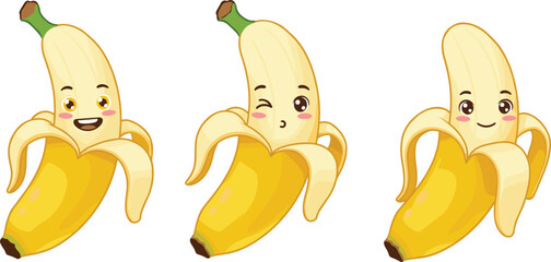 Cute smiling banana characters with expressive faces, cartoon vector illustration for kids, peeled fruit mascot design in fun kawaii style